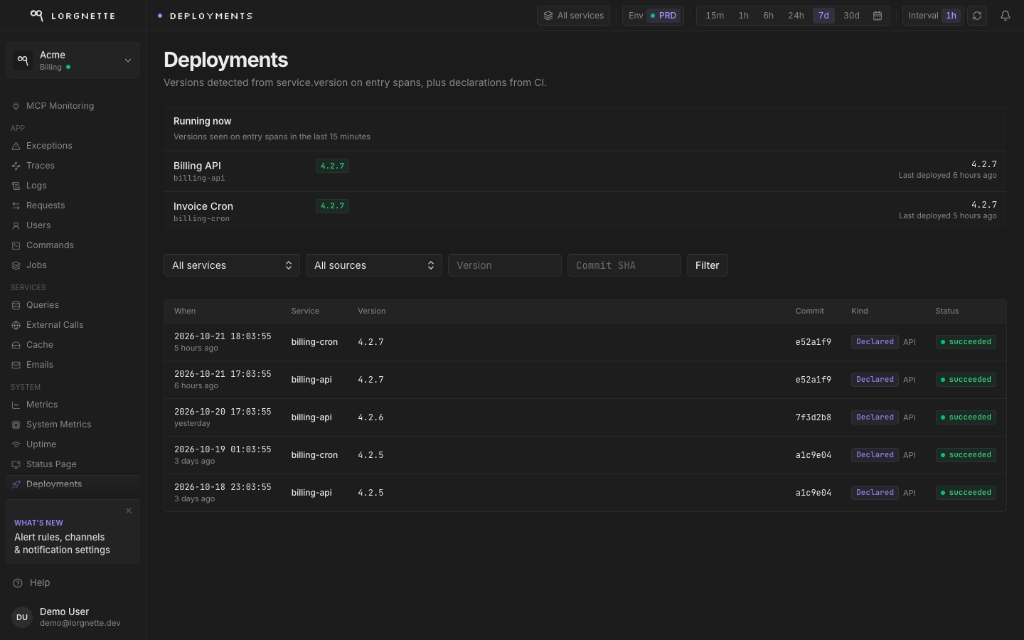 Deployments list with service, version, status and source columns