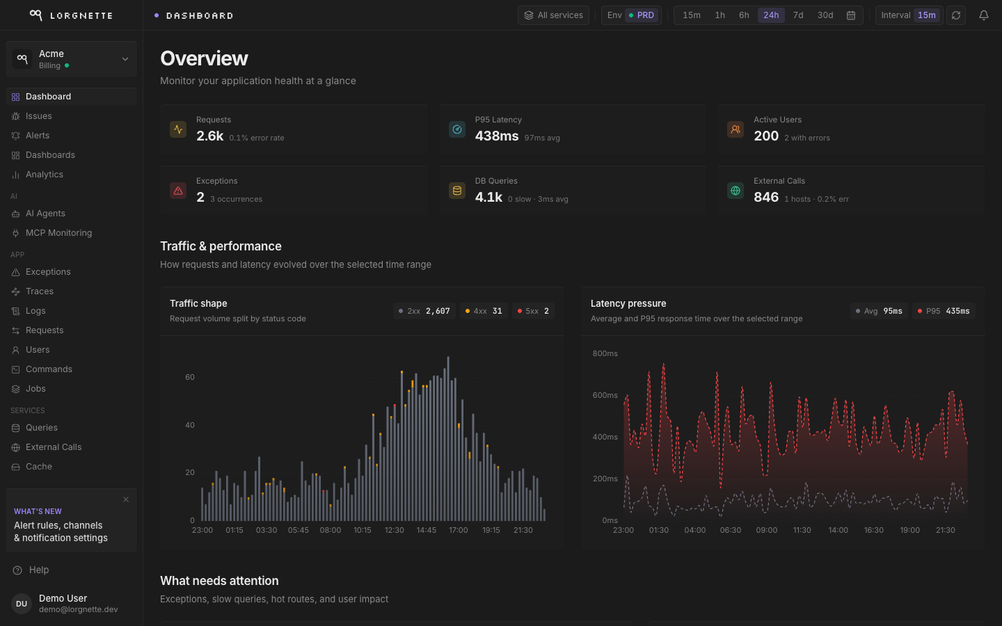 Project overview dashboard with health cards, request and error charts, and tables of the slowest routes and newest issues