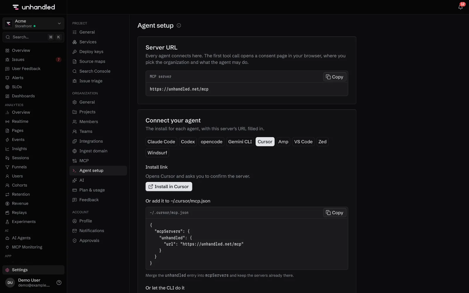 The Agent setup page with Cursor picked, showing an Install in Cursor button, the ~/.cursor/mcp.json snippet and the CLI command that writes it.