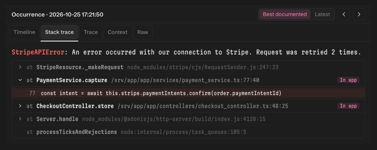 The occurrence inspector on its stack trace tab, with library frames dimmed and the in-app frame expanded at the line that threw.