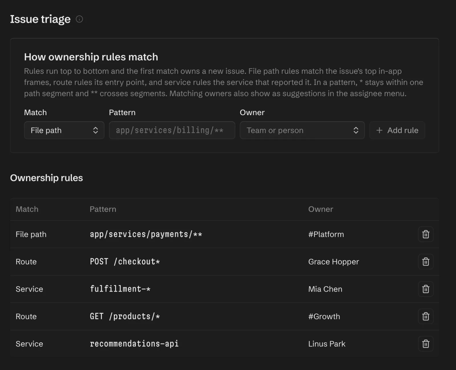 The issue triage settings with ownership rules for a payments path, two routes and two services, each owned by a team or a person.
