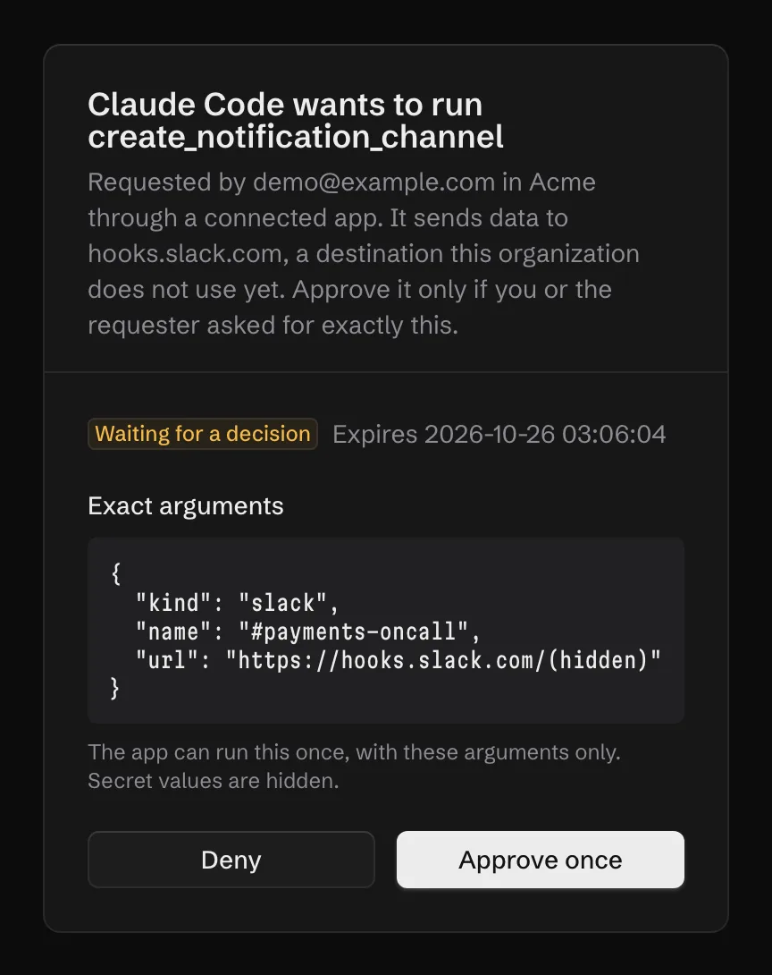 An approval request from Claude Code to run create_notification_channel for a Slack channel, with the webhook path hidden and buttons to deny or approve once.