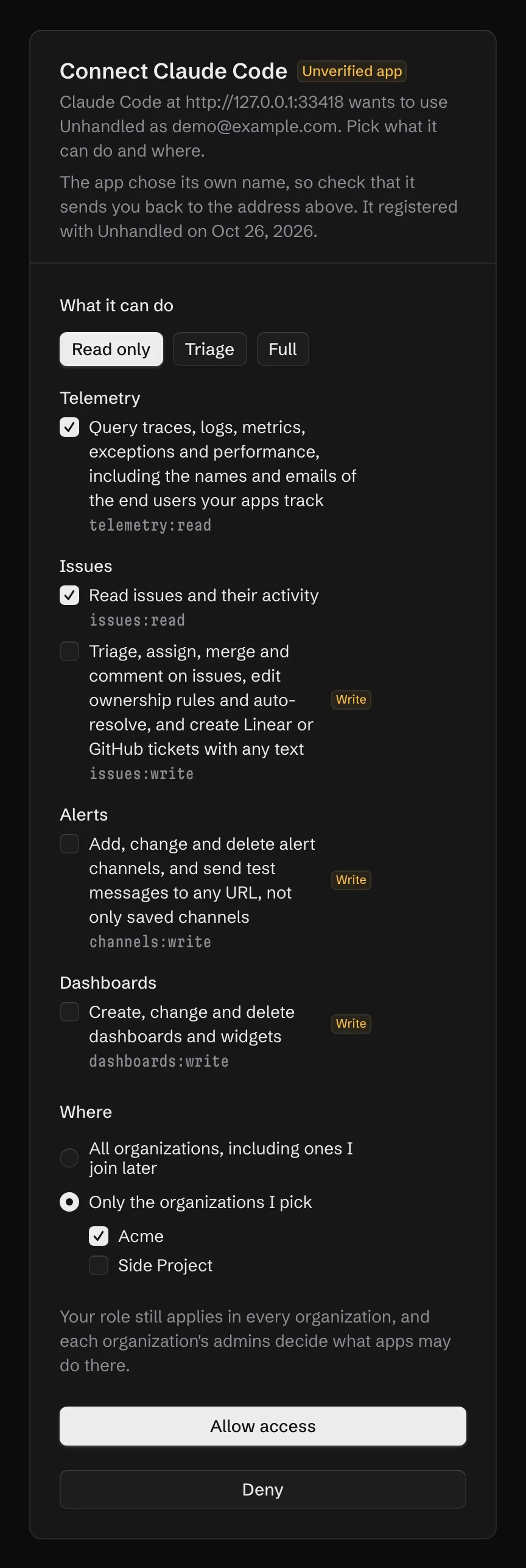The consent page for Claude Code, marked as an unverified app, with telemetry and issue read scopes ticked, three write scopes left unticked, and only the Acme organization selected.