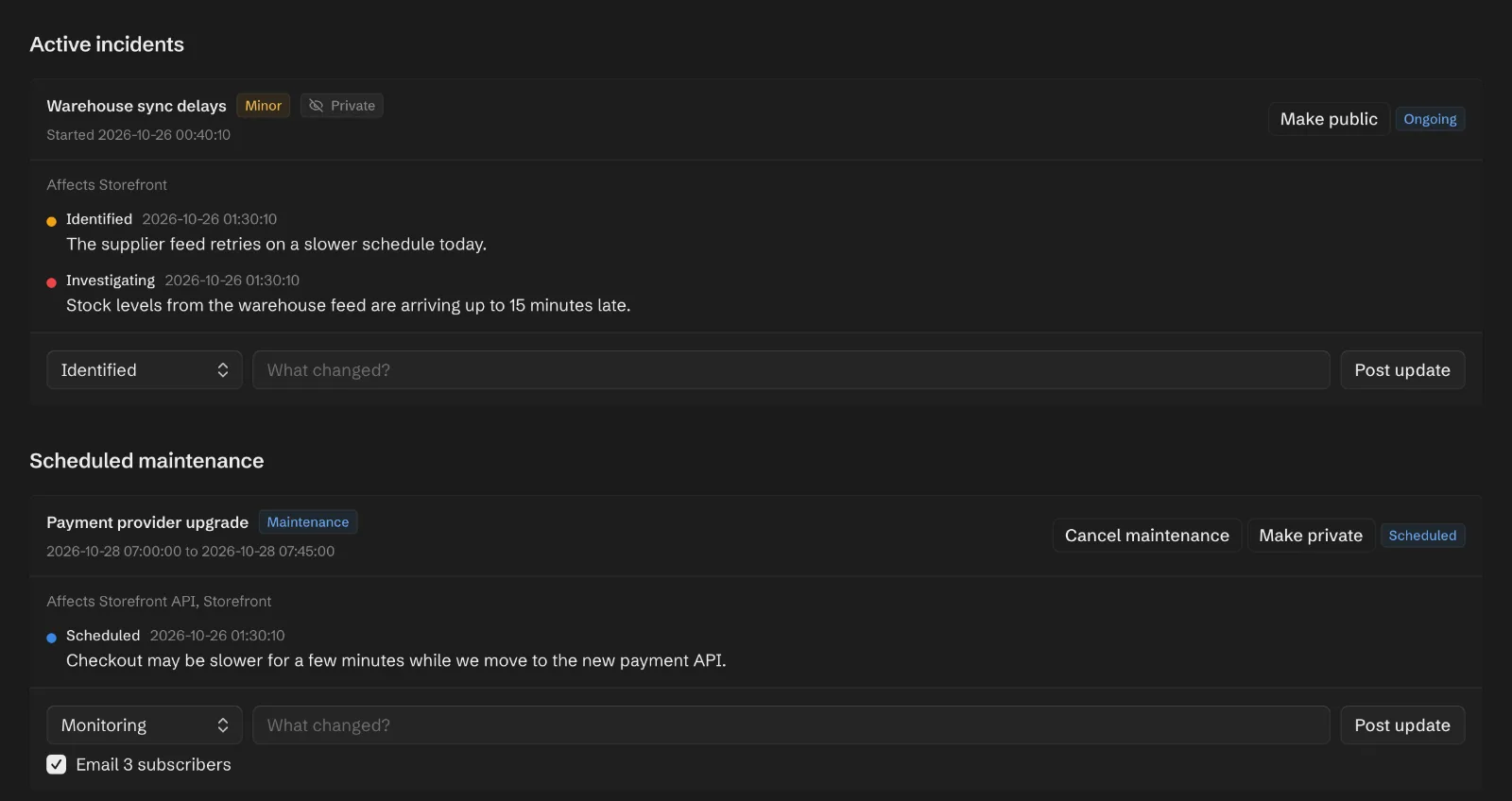 The Incidents tab with a private minor incident about warehouse sync delays and its two updates, and a scheduled payment provider upgrade that can email 3 subscribers.