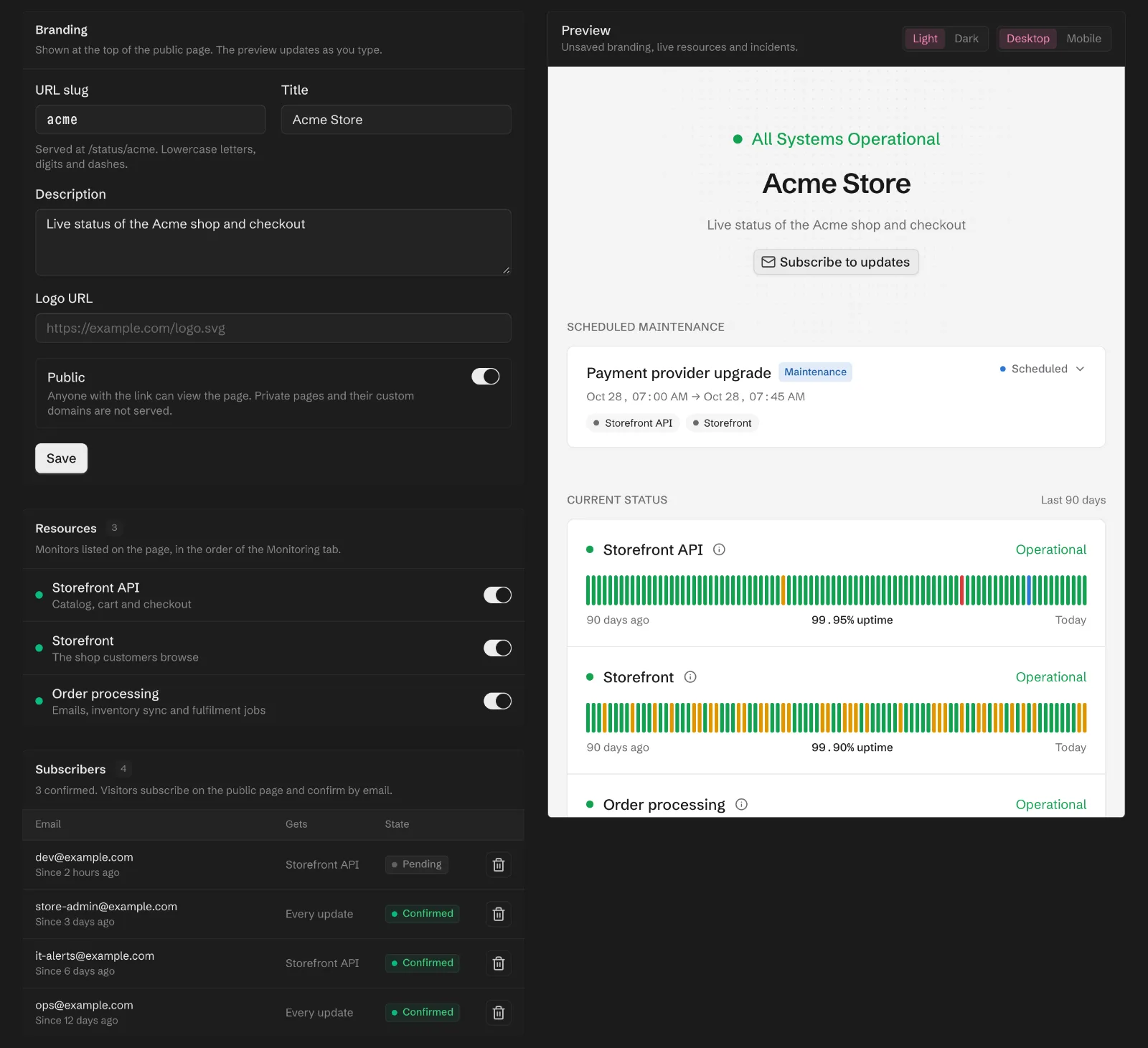 The status page settings for Acme Store with its slug, title and public switch, three listed resources, four subscribers with their components and confirmation state, and a live preview of the page.